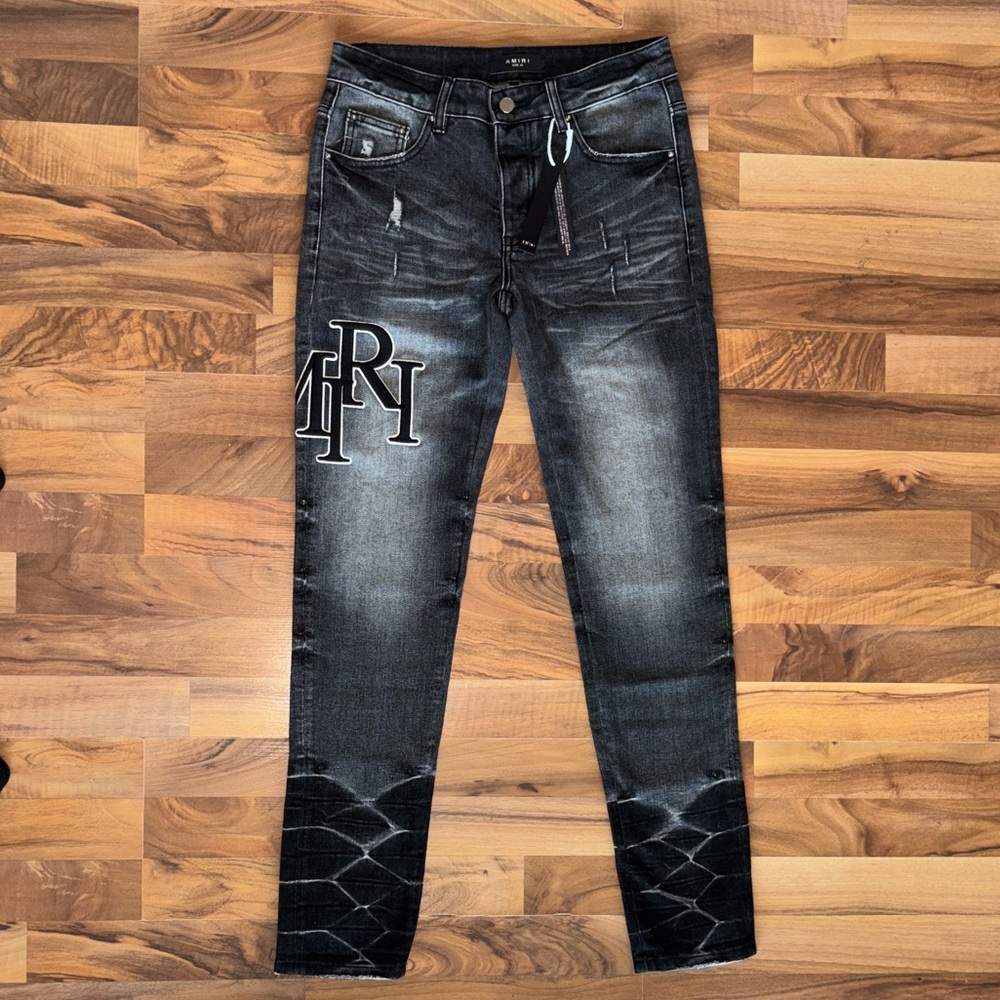 AMIRI Black Distressed Slim Jeans with White Logo